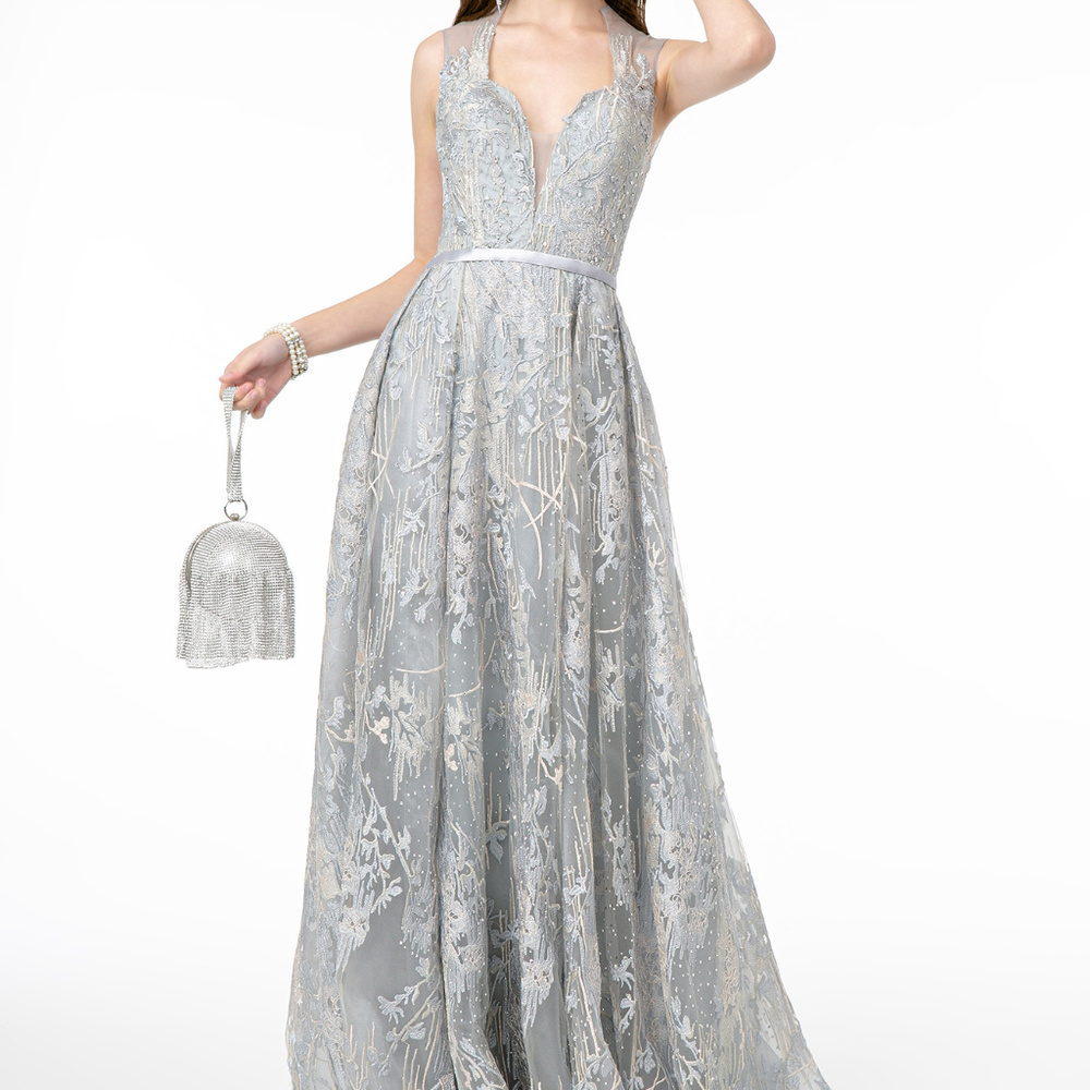 N/A silver Lace V-Neck Cut-Away Shoulder Dress GSGL2835